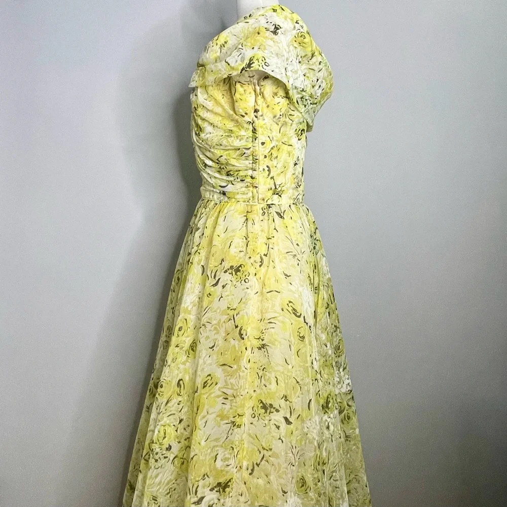 EMMA DOMB Vintage 1950’s Floral Print Off Shoulder Chiffon Gown Maxi Dress - Picture 6 of 11